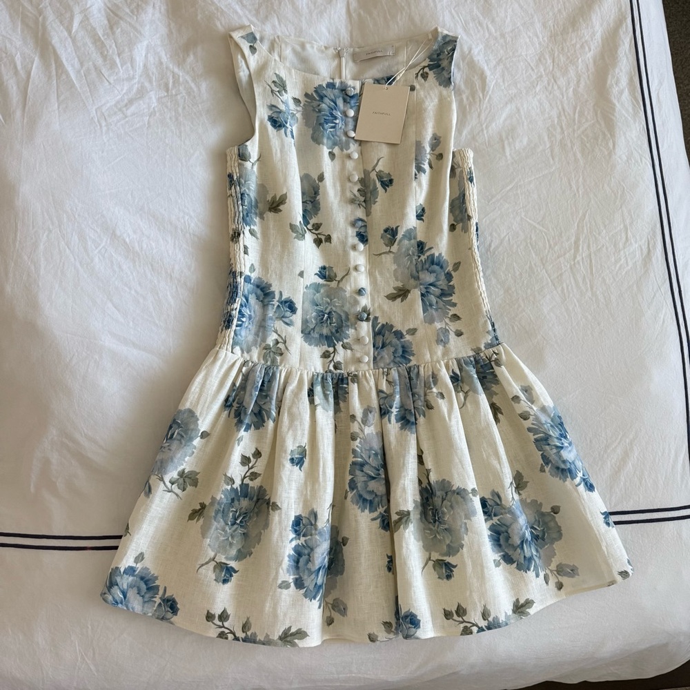 FAITHFULL THE BRAND BLAIR CECILE FLORAL PALE BLUE MINI DRESS WITH TAGS